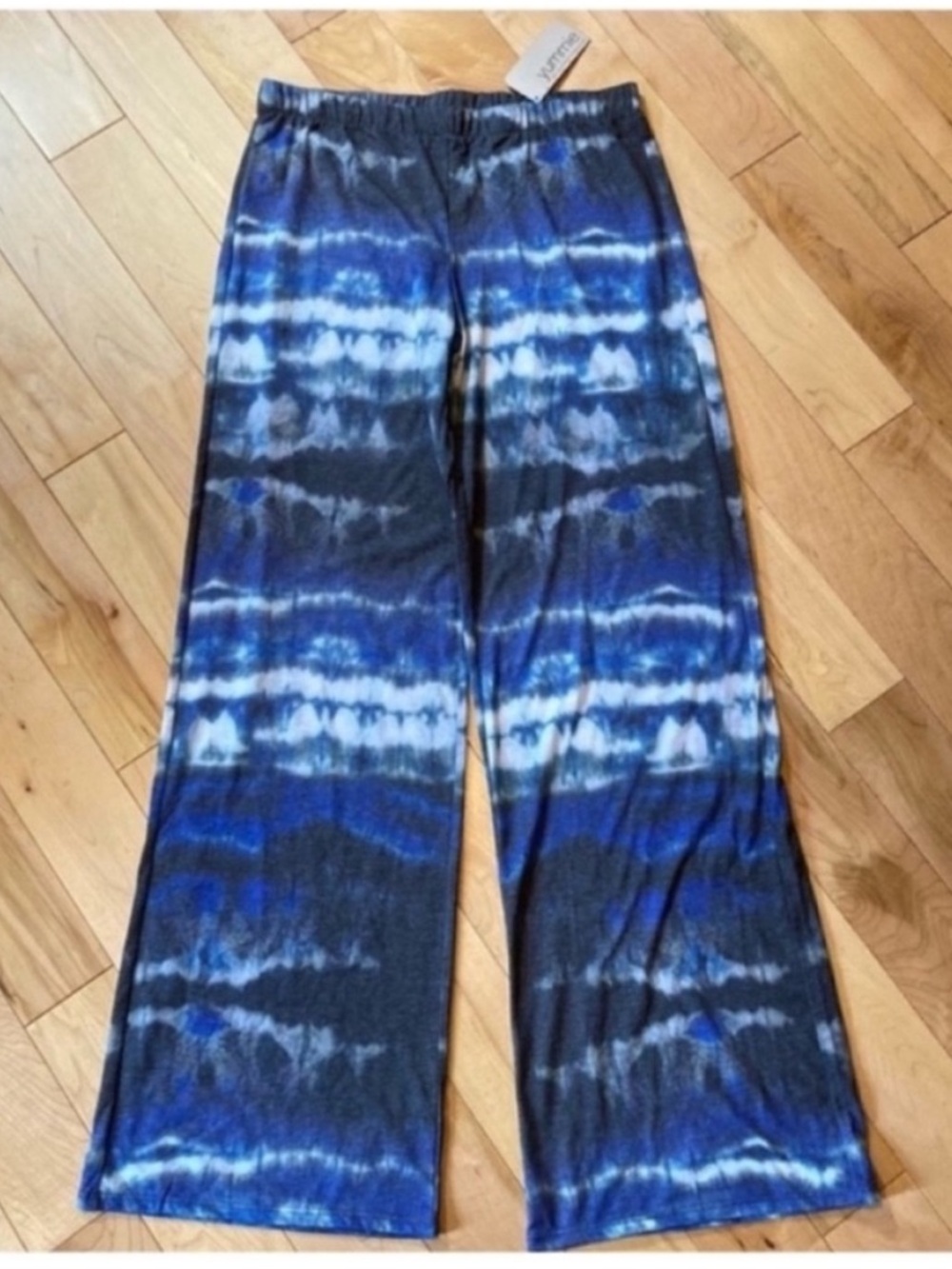NWT Yummie Wide Leg Pant Pima cotton watercolor blue gray white tie dye XS